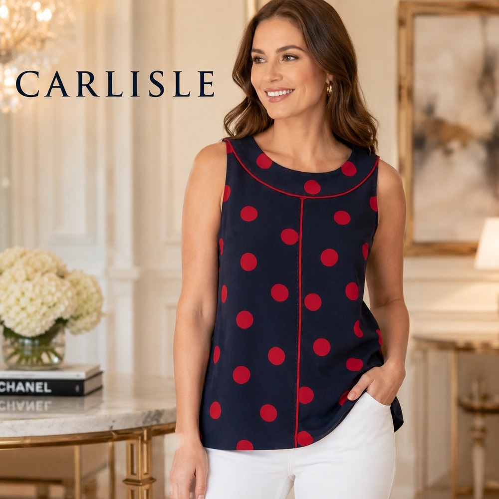 Carlisle Womens Navy Blue Red Polka Dot 100% Silk Sleeveless Blouse Top Size 4